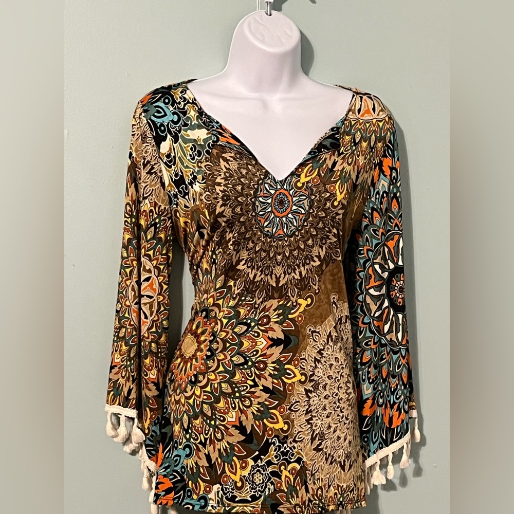 The Hanger Blouse Size Medium Multi‎ Color Designs Tassels on Sleeves